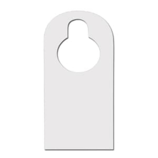 A white door hanger with a circular cutout at the top. It has a simple, blank design.