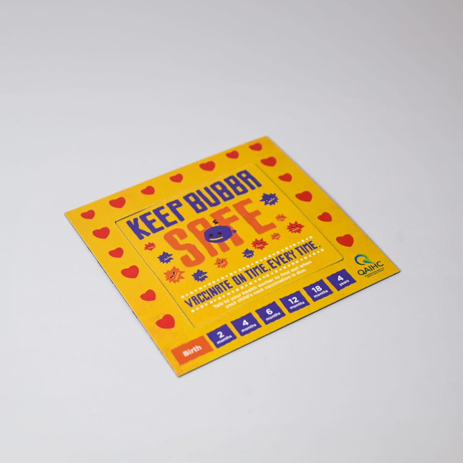 A square promotional card in yellow with red hearts, featuring a cartoon figure and a logo.