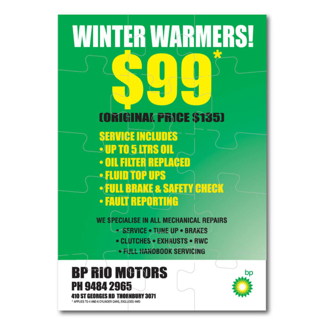 A magnetic jigsaw in a puzzle format featuring a winter service promotional design, predominantly in blue and white.