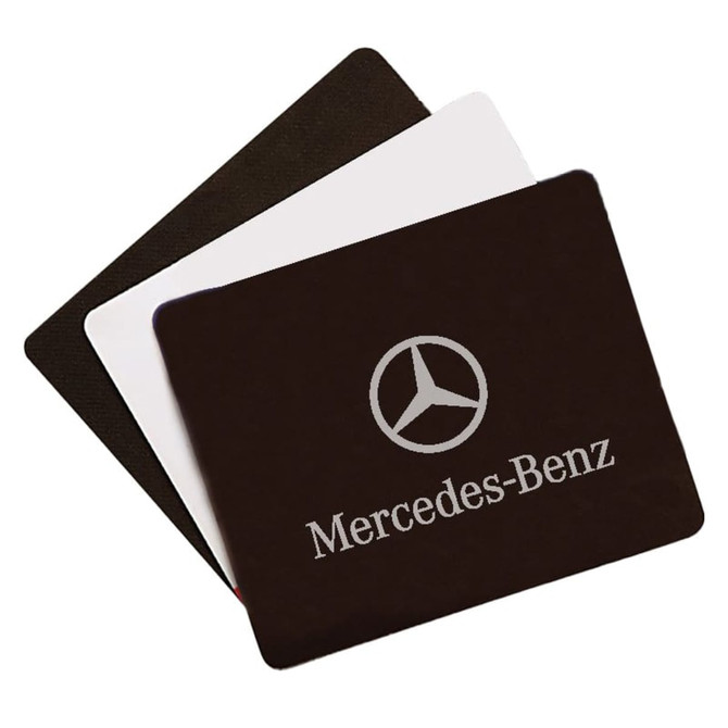A set of three deluxe mouse mats in black, white, and featuring a logo on the black mat.
