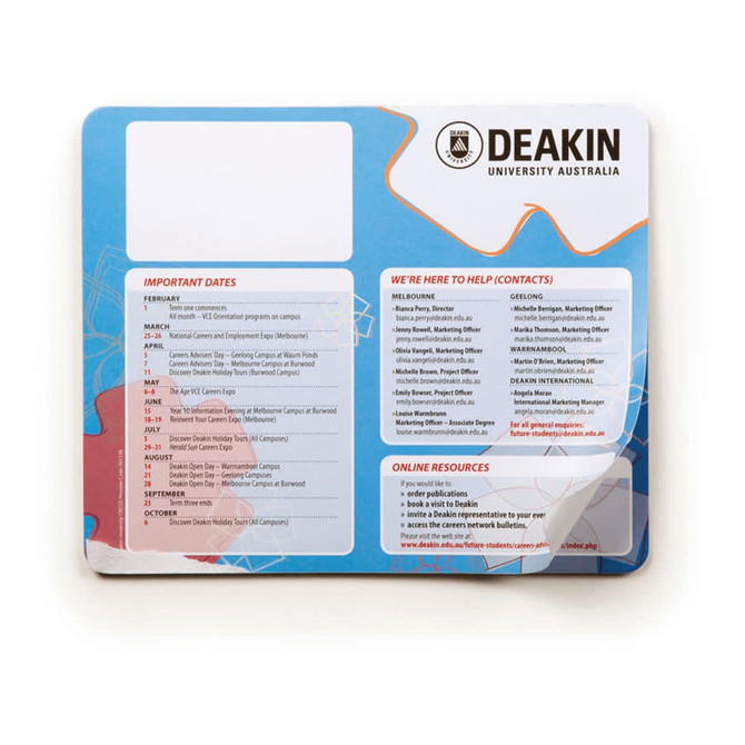 A mouse mat featuring a colourful design with important dates and contact information, branded with a logo.