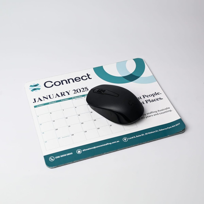 A calendar mouse mat in shades of blue and green with a black computer mouse on it, featuring a monthly calendar layout.