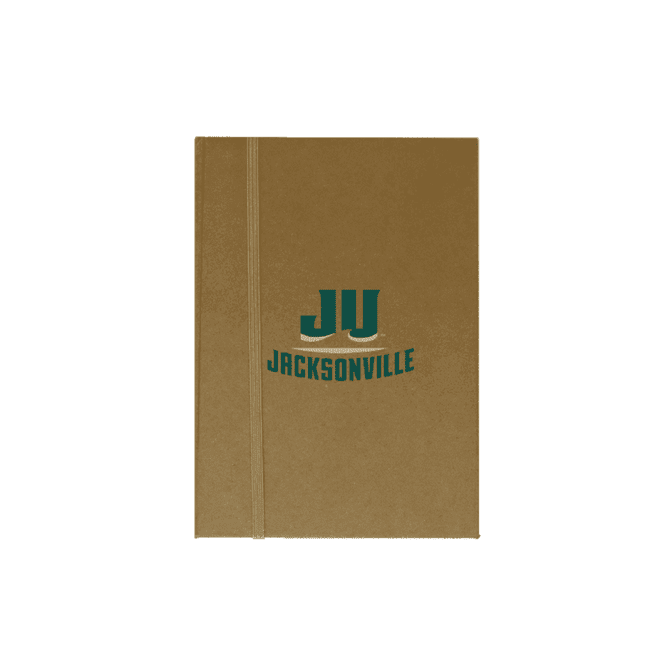 A beige A5 notepad with a logo on the cover and an elastic band closure.