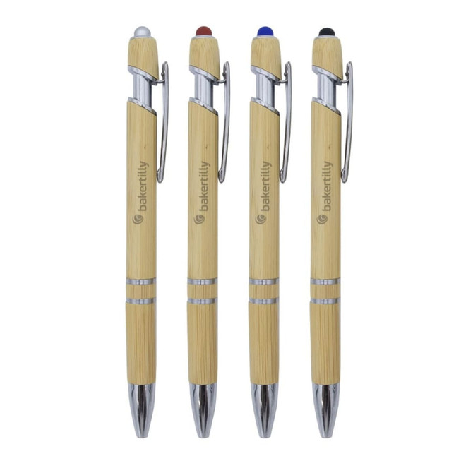 A set of four Napoli Bamboo Pens in natural bamboo with black, blue, red, and green ink options. Each pen features a silver clip and branding.