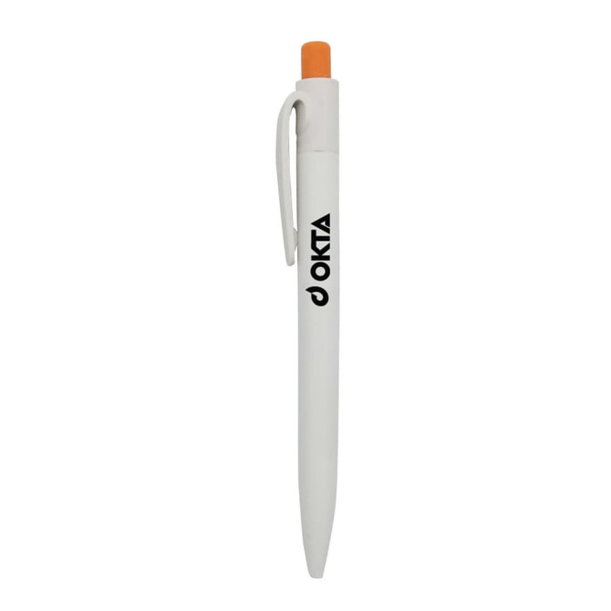 A white plastic pen with an orange tip and a clip, featuring a logo on the barrel.