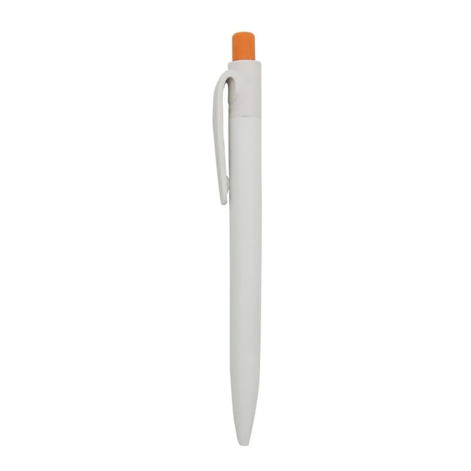 A white plastic pen with an orange tip and a clip, featuring a logo.