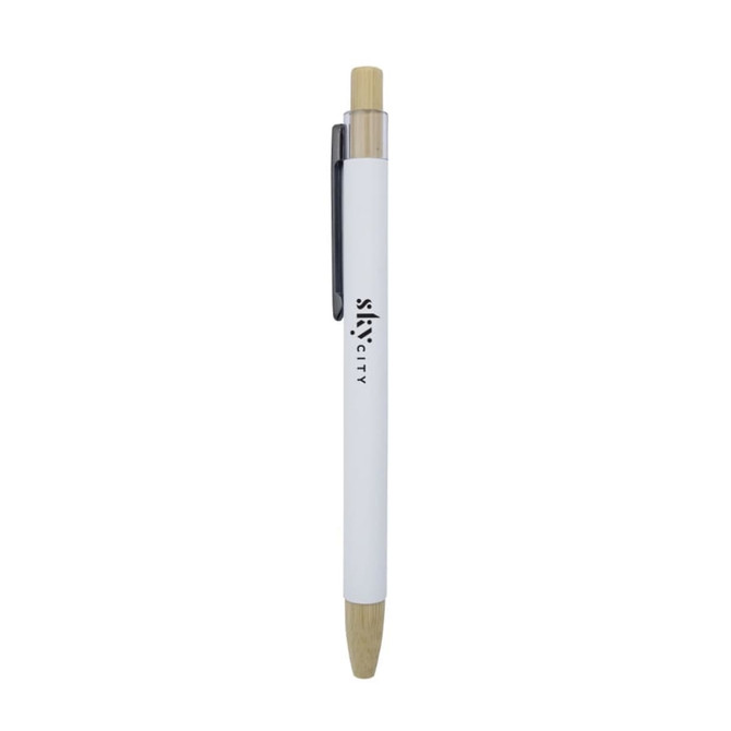 Abele Bamboo Click Pen in white with a bamboo tip and clip, featuring a logo.