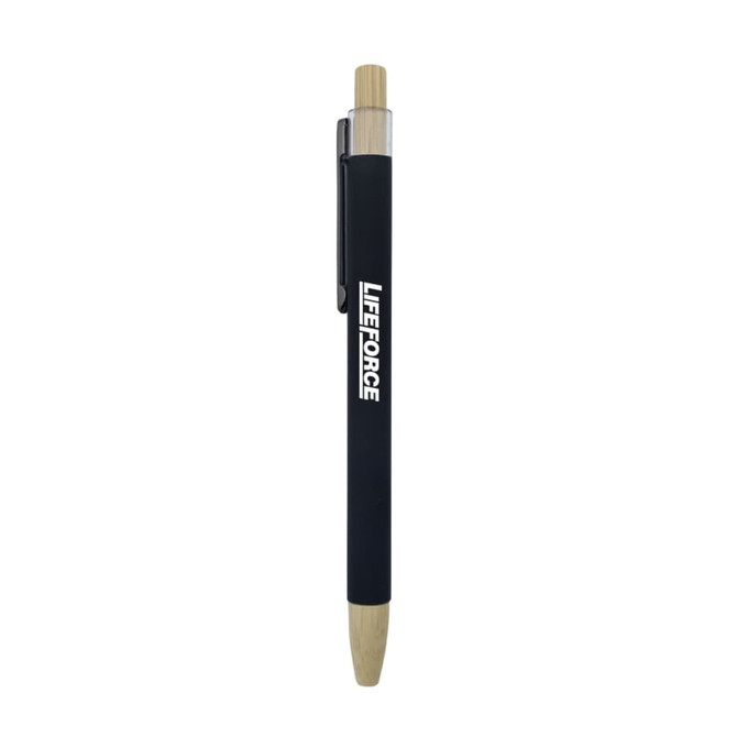 A black and bamboo click pen featuring a clip and branding.