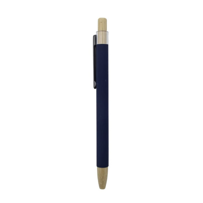 A blue pen with a bamboo tip and metallic accents, featuring a clip and a logo.