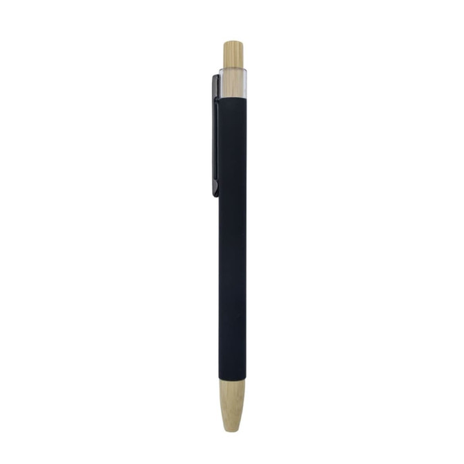 A black bamboo click pen with a natural bamboo tip and silver accents, featuring a clip and branding.