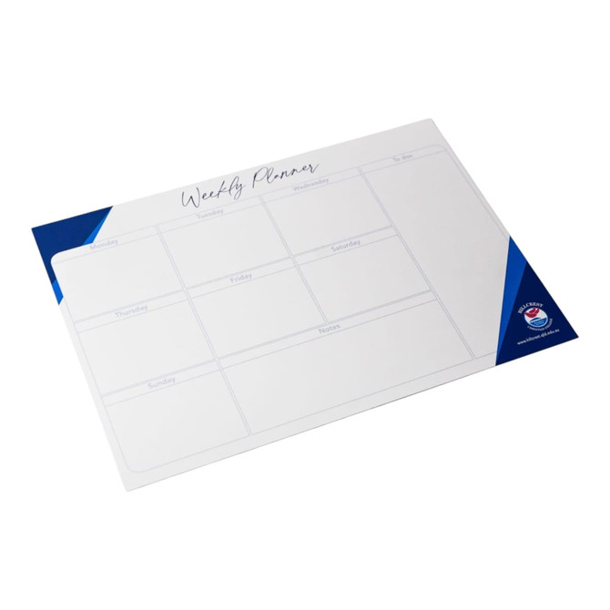 A magnetic whiteboard weekly planner in white with blue corners, featuring sections for each day of the week.