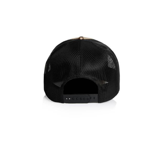 A black mesh trucker cap with a beige front panel and adjustable snapback closure at the rear.