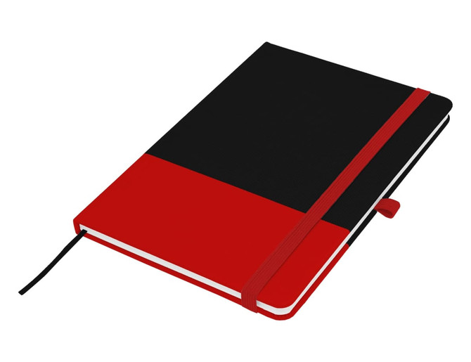 A black and red A5 notebook featuring a contrasting design and an elastic closure. It has a ribbon marker and a logo.