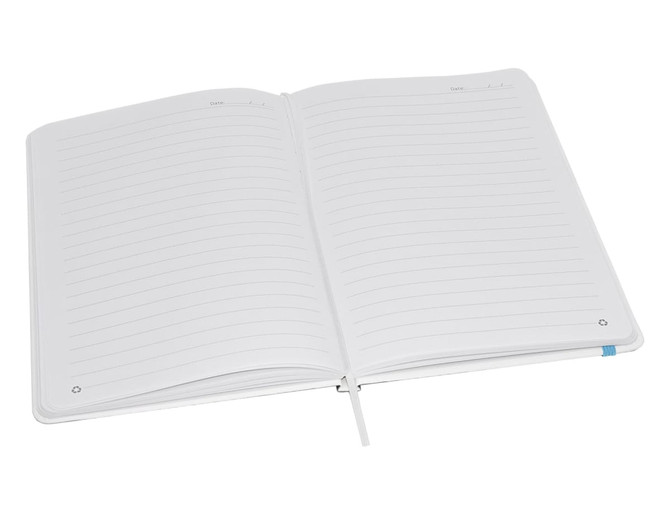 An A5 notebook featuring a full-colour matte finish, with lined pages and a ribbon marker, showcasing a clean white design.