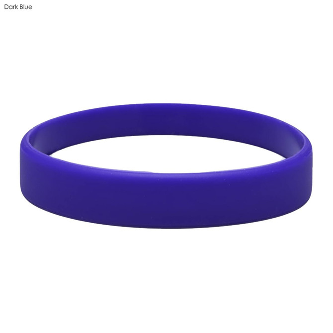 A dark blue silicone wristband featuring a smooth, debossed design and includes a logo.