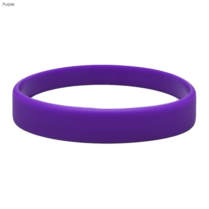 A purple silicone wristband with a debossed design and a logo. Suitable for events and exhibitions.