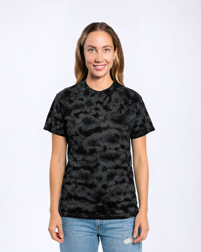 A black camouflage patterned T-shirt worn by a smiling woman, standing against a plain background.