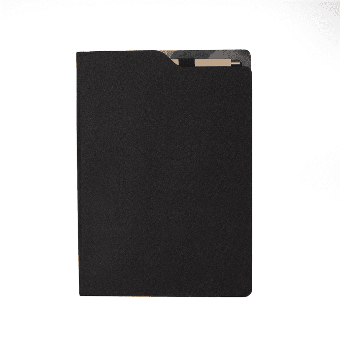 A black A4 notebook featuring a sleek design with a pocket and an interior insert for holding cards.