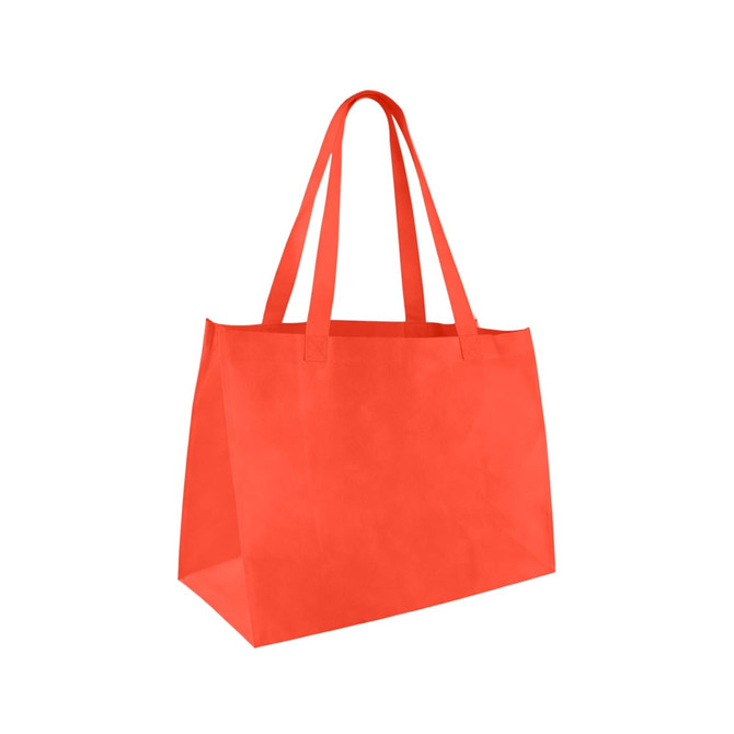 A medium non-woven tote in vibrant orange with sturdy handles and a spacious design. Features a logo.