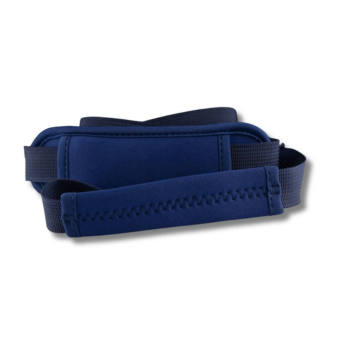 A drink bottle carrier in dark blue neoprene with a sturdy strap for easy carrying, featuring a logo.