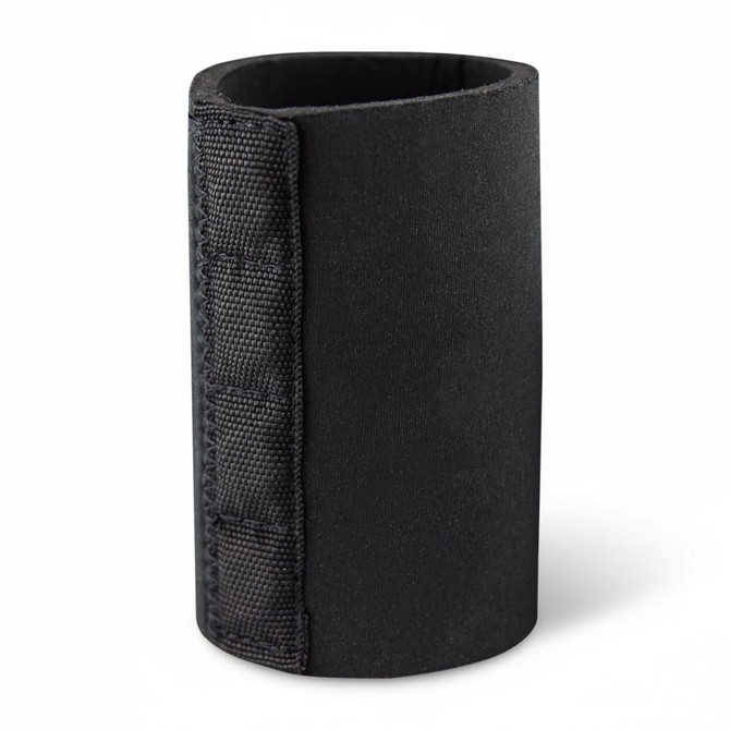 A black magnetic stubby cooler with a textured side, designed to hold drink bottles.