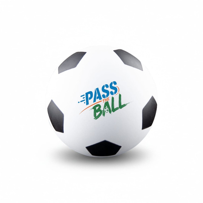 A white high bounce soccer ball with black patches and a logo featuring the words "PASS THE BALL."