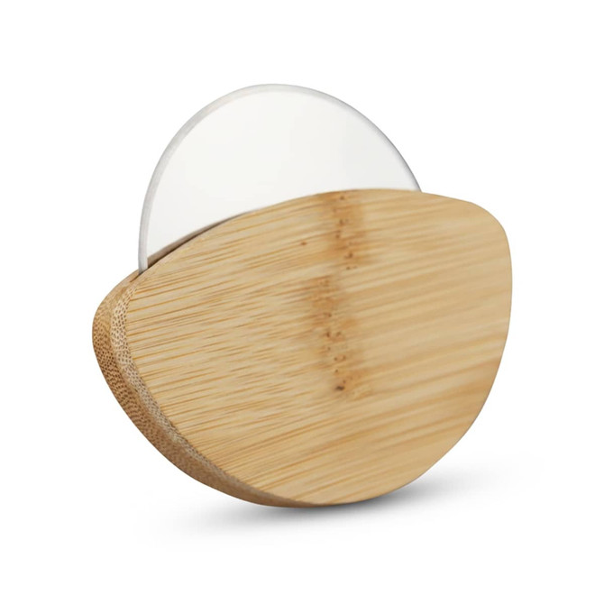 A bamboo pizza cutter with a rounded bamboo handle and a stainless steel blade.