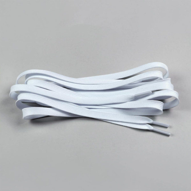 A pair of double-layer white shoe laces laid out flat against a grey background, featuring a logo.
