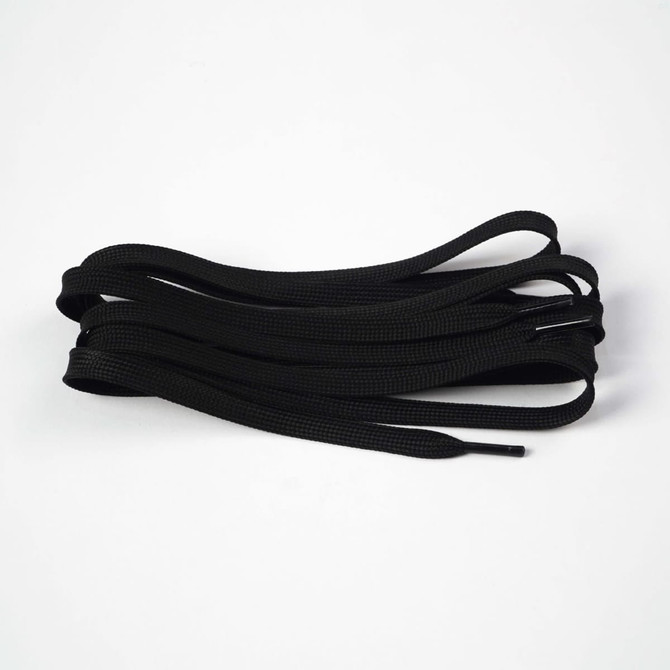Black double-layer shoelaces bundled together, featuring a textured design. The image has a plain background.