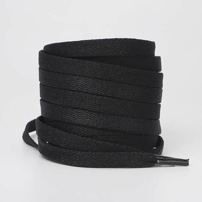 A stack of black shoe laces, coiled neatly, featuring a textured finish. The product has a logo.