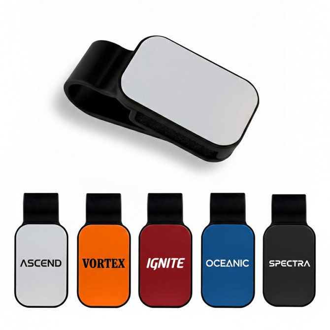 A collection of car visor sunglass holders in various colours: black, orange, red, blue, and white. Each has a logo.