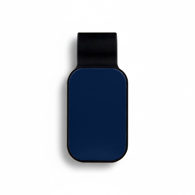 A navy blue car visor sunglass holder with a black attachment. Features a smooth surface and a logo.
