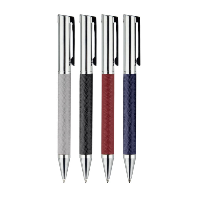 A set of four Geneva Metal Pens in grey, black, red, and navy, featuring a textured grip and chrome accents.