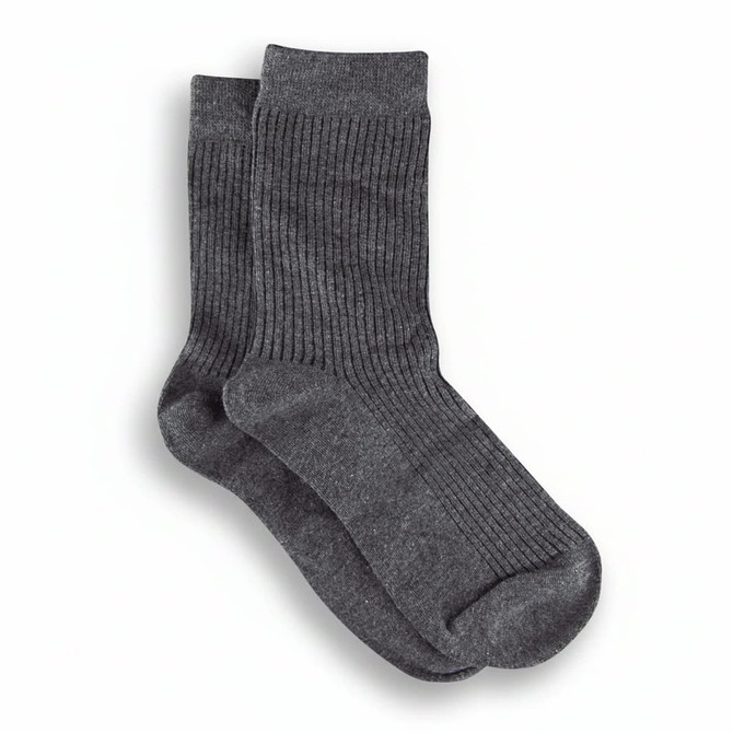 A pair of grey ribbed socks showcasing a soft texture and comfortable design. The product has a logo.