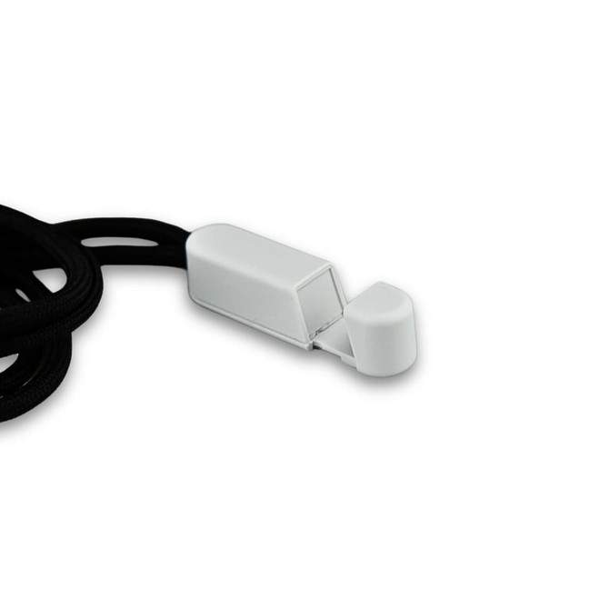 A black lanyard with a white phone holder attached at one end.