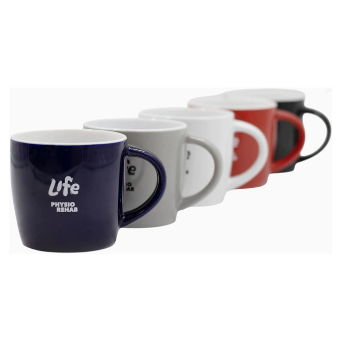 A set of ceramic mugs in navy, grey, white, and red, featuring a logo on each.