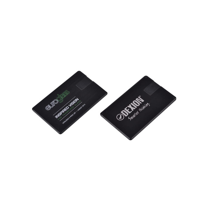 A black swivel card flash drive with two sides, featuring branding on each side.