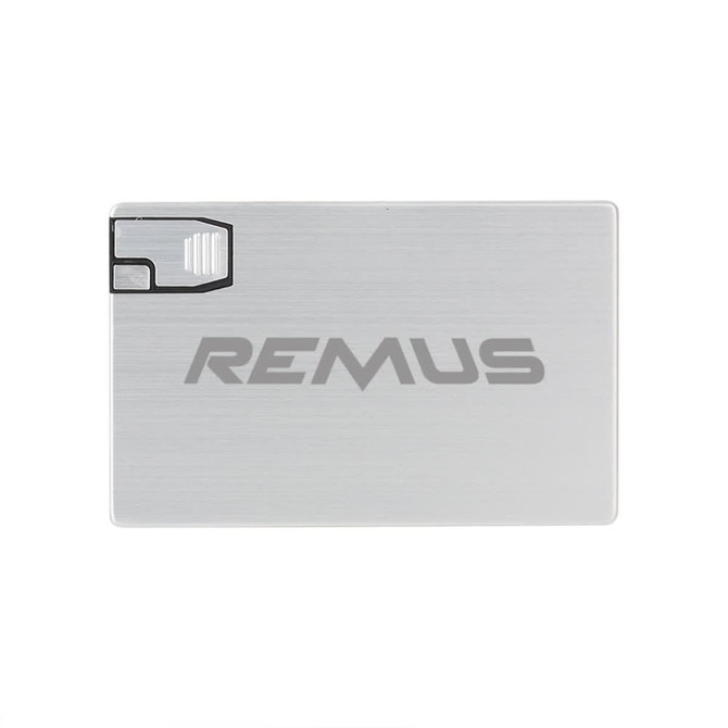A silver flash drive resembling a credit card, featuring a black connector and a logo on the surface.