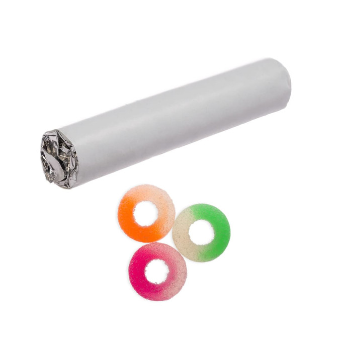 A roll of foil and three colourful, sweet candy rings in orange, green, and pink. The foil is wrapped securely.