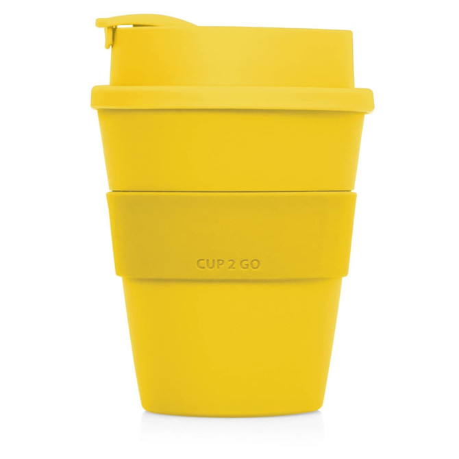 A drink bottle in bright yellow with a textured grip and a lid, featuring a brand logo.