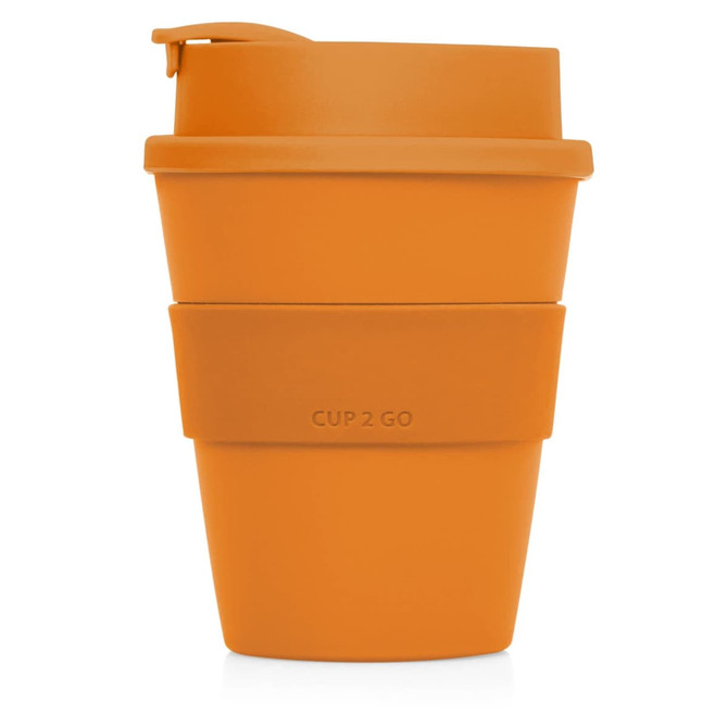 An orange Eco Coffee Cup with a fitted lid and silicone sleeve, featuring a logo. Holds 356ml.
