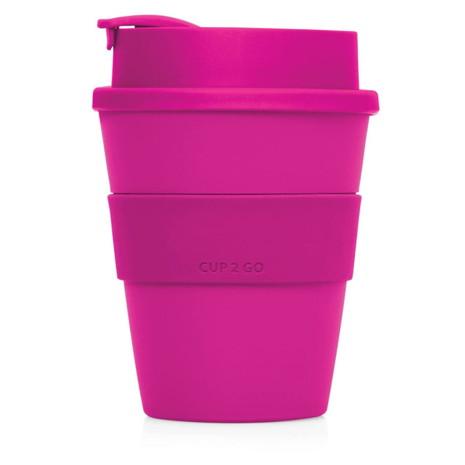 A drink bottle in vibrant pink, featuring a silicone lid and band, with a sleek design and branding.