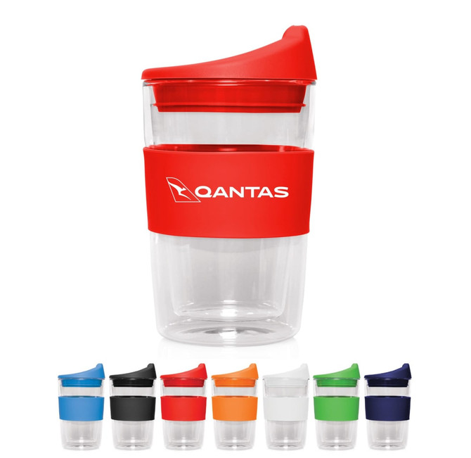 A drink bottle featuring a transparent double wall design with a red lid and band, available in various colours.