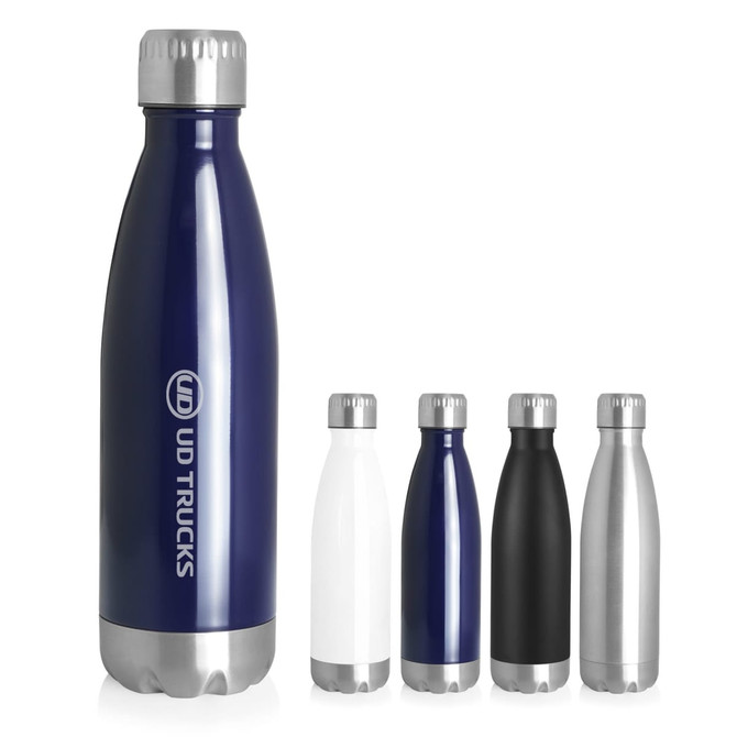 A drink bottle featuring a stainless double wall design in navy, white, black, and silver, with a logo.