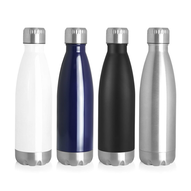 A drink bottle collection featuring stainless double wall design in white, navy, black, and silver finishes, each with a cap.