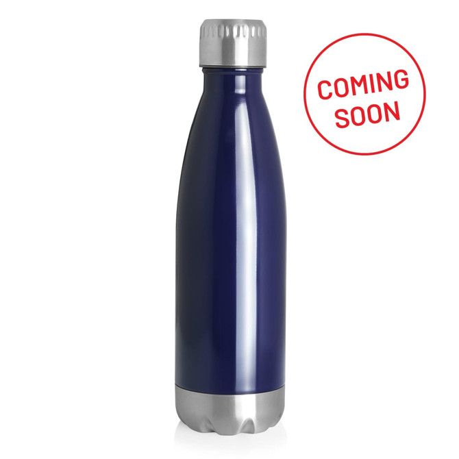 A drink bottle in navy blue with a stainless steel double wall and a silver cap, featuring a logo.