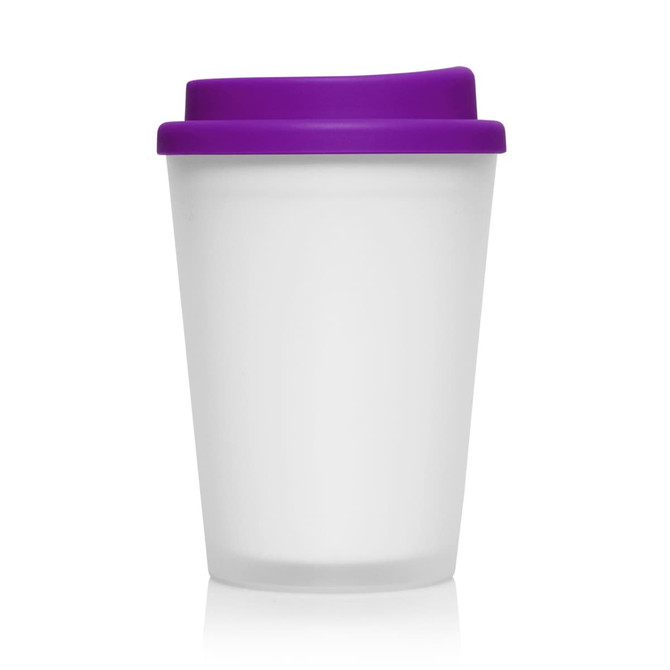 A drink bottle with a frosted finish, featuring a purple lid and a double wall design. It has a logo on the side.