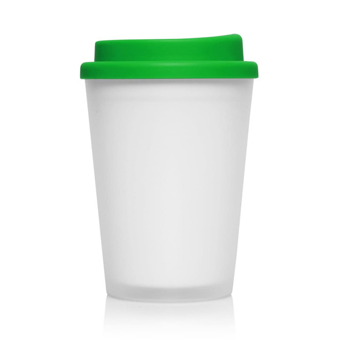 A drink bottle with a frosted white body and a green lid, featuring a logo.