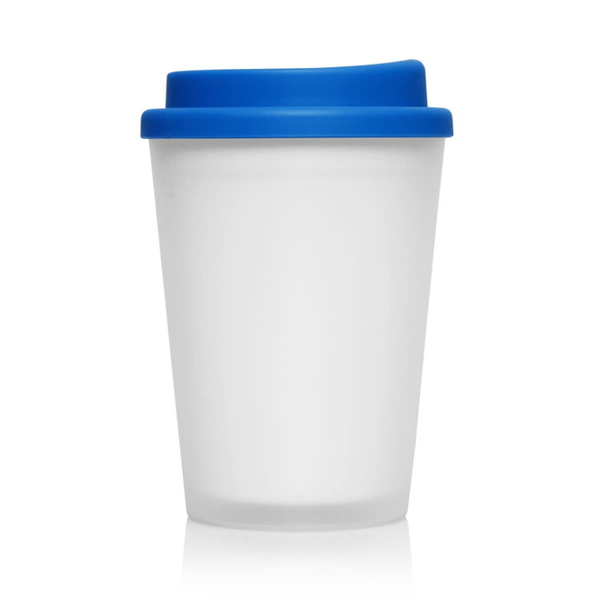 A frosted white plastic coffee cup with a blue lid, featuring a logo. The capacity is 356ml.