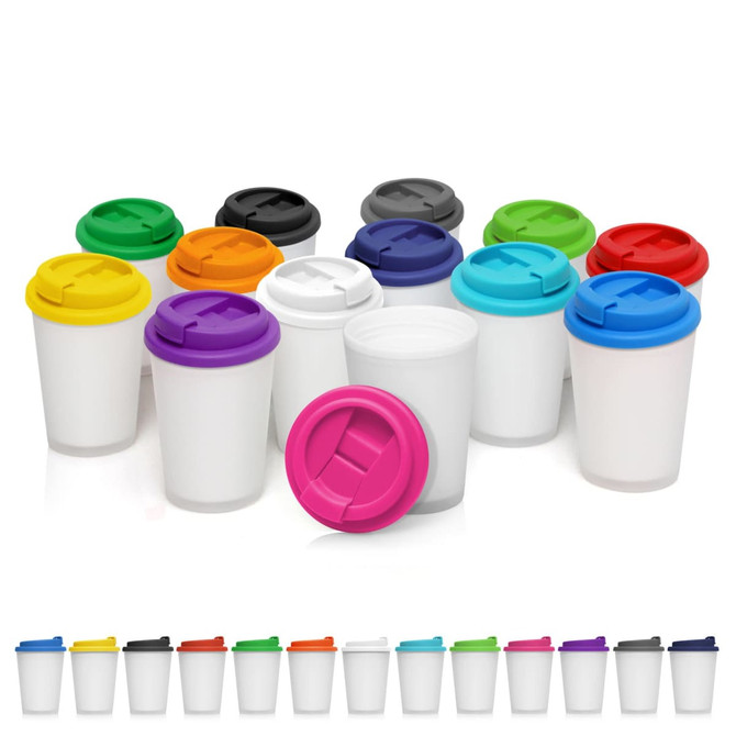 A collection of frosted double wall coffee cups in various colours with contrasting lids, featuring a logo.